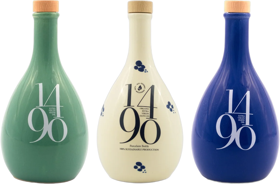 Las tres frascas de aceite 1490: verde, crema y azul